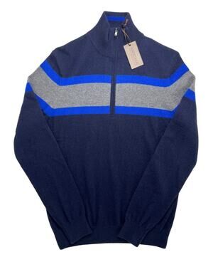 5-32 AMICALE Men's NWT 1/4 Zip Sweater Striped 100% Cashmere Blue Small